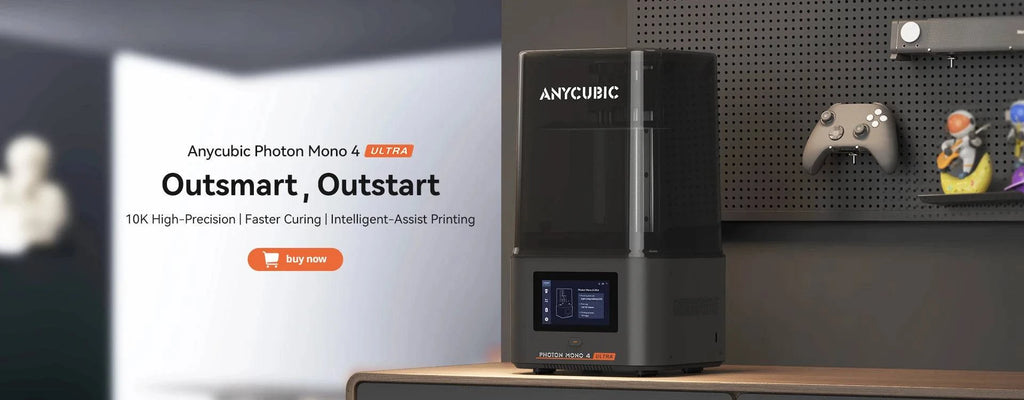 ANYCUBIC Photon Mono 4 LCD 3D printer with 7" 10K screen and 2.2L build volume, showcasing UV resin printing details.