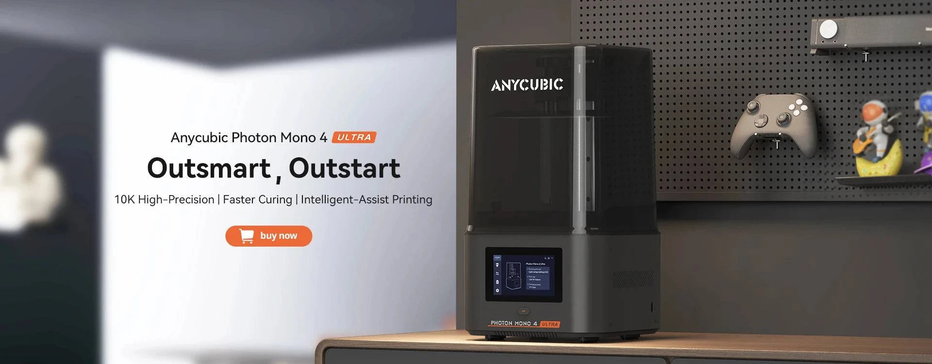 ANYCUBIC Photon Mono 4 LCD 3D printer with 7" 10K screen and 2.2L build volume, showcasing UV resin printing details.