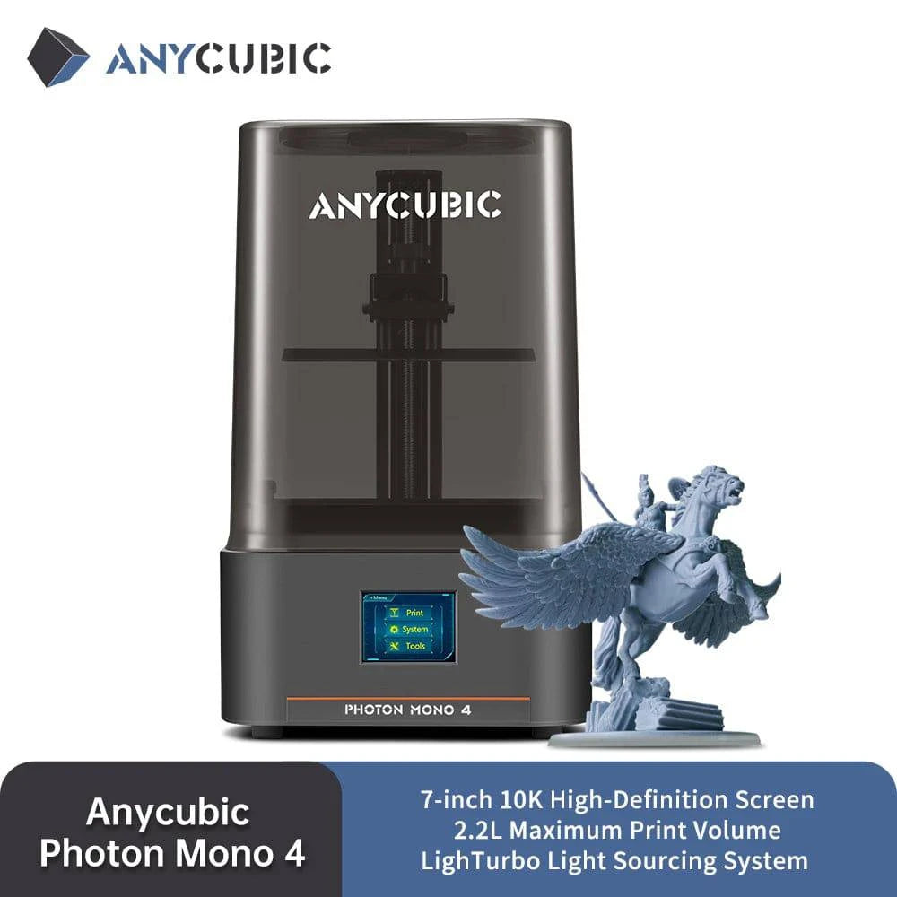 ANYCUBIC Photon Mono 4 LCD 3D printer with 7'' screen and 2.2L build volume, showcasing high-definition 3D printing capabilities.