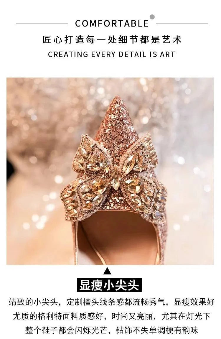 Silver high heels with bow detail, pointed toe design, and crystal accents by LYNHURD, perfect for casual wear.