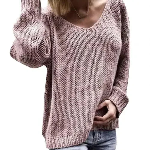 2025 New Casual Women Loose Solid Color Knitted Sweater V Neck Long Sleeve Top Women's Clothing Свитера Женские  Pull Femme