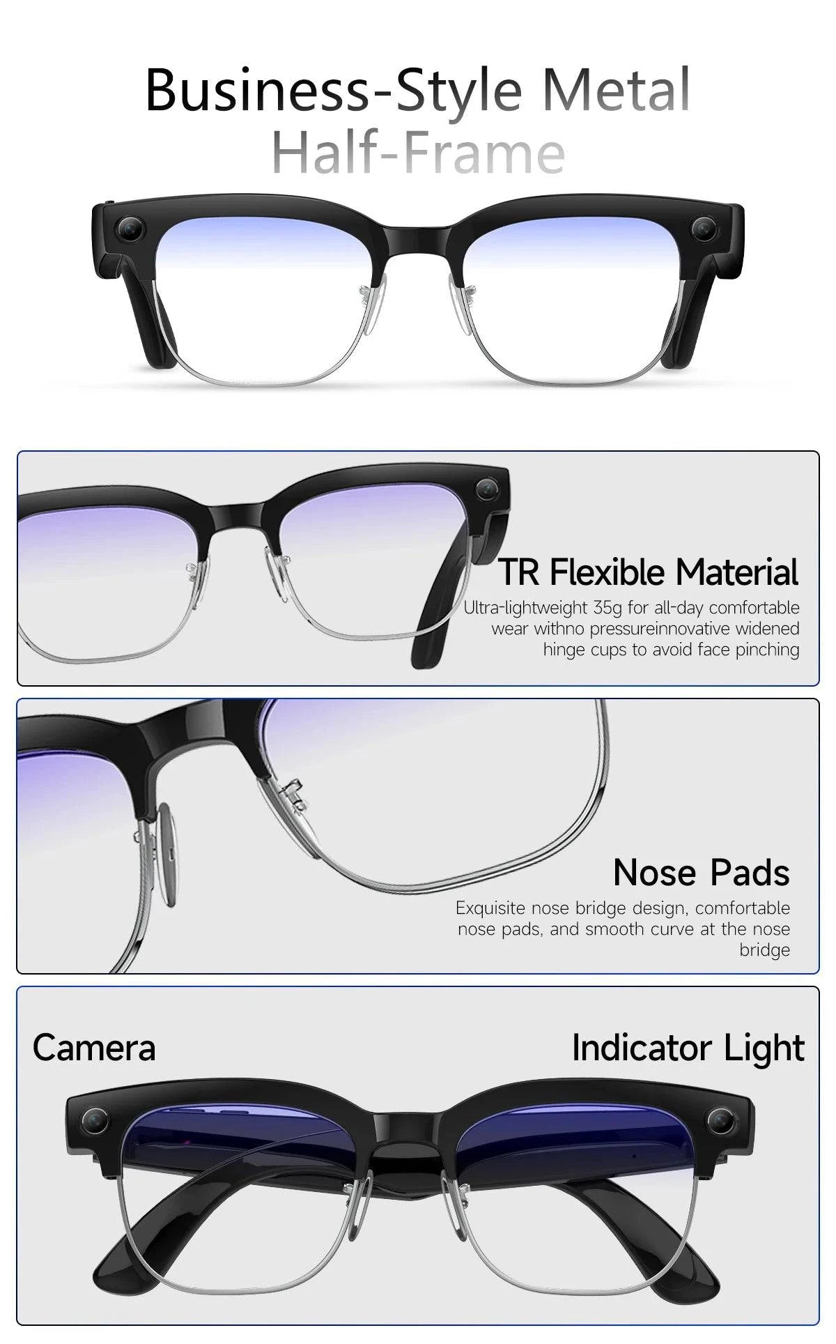 LYNHURD AI Smart Translation Glasses with 8MP camera, optical stabilization, and dual microphones for clear audio.