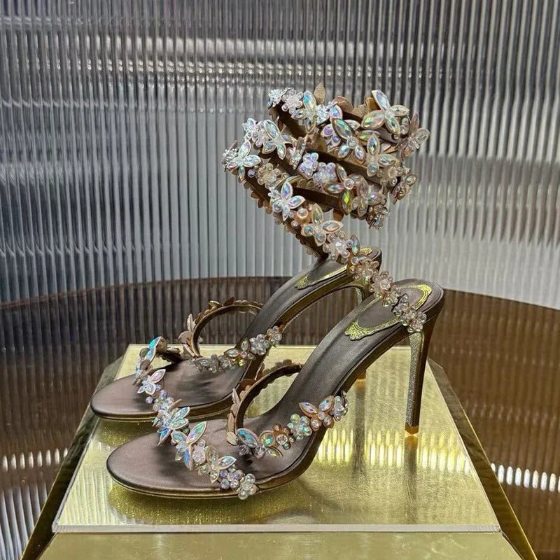 Women Thin High Heels Elastic Strap Gladiator Sandals Bling Rhinestone Flower Decor Sandalias  Summer Bridesmaid Dress Shoes