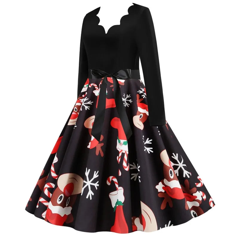 2025 New Vintage Women Long Sleeve Winter Dresses Retro Sexy Black Music Note Print V-neck Rockabilly Pin Up Party Dress Vestido