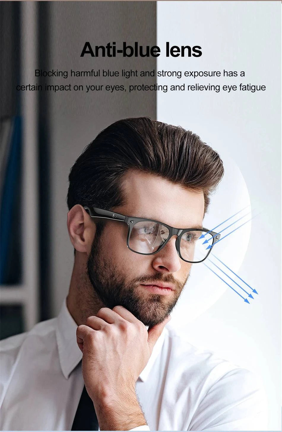 LYNHURD smart glasses for men with anti-blue lens, featuring voice assistant and intelligent translation capabilities.