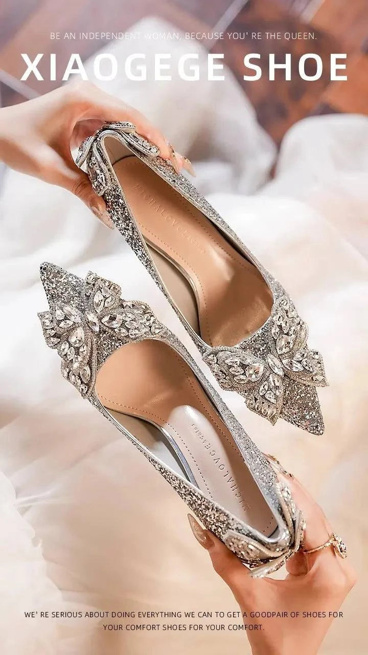 2024 LYNHURD! silver high heels with crystal accents, pointed toe design, and bow detail for women's casual pumps.