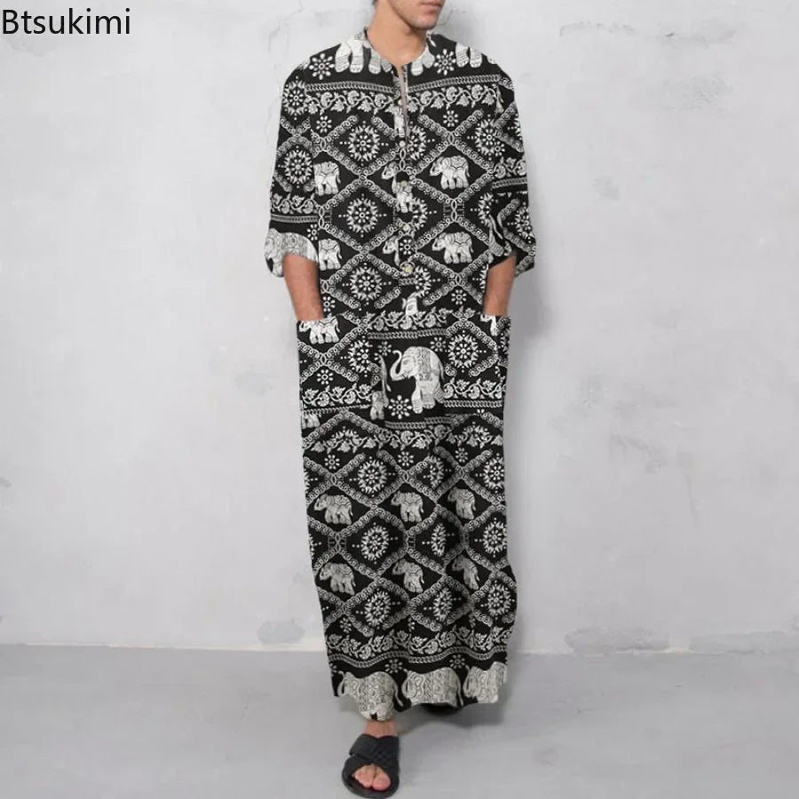 2026 Men's Muslim Clothing Abayas Cotton Linen Nightgowns Bathrobe Robe Kaftan Holiday Beach Robe Man Muslim Kaftan Arabic Dress