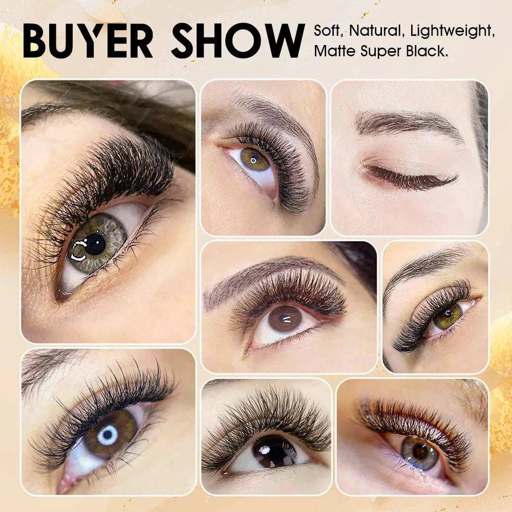 LYNHURD! W shaped premade fans eyelashes extensions in various dimensions, showcasing their soft and lightweight design.