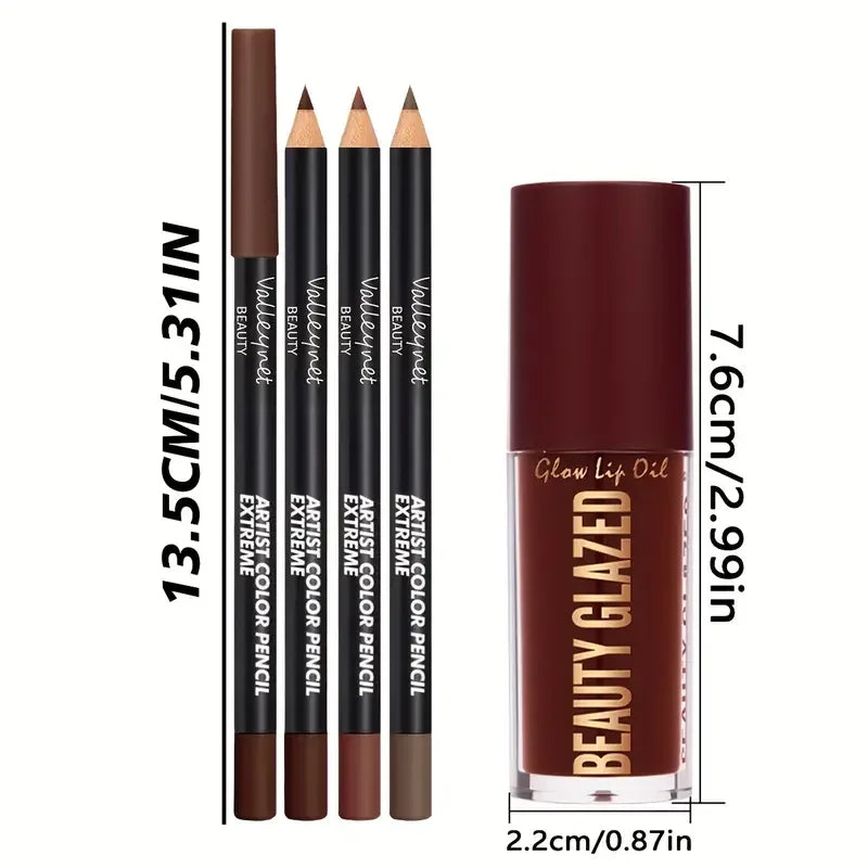 4pcs Dark Brown Lip Kit - Lip Liner + Lip Glaze, Waterproof & Long-Lasting Matte Effect,Versatile for Casual & Formal Occasions,
