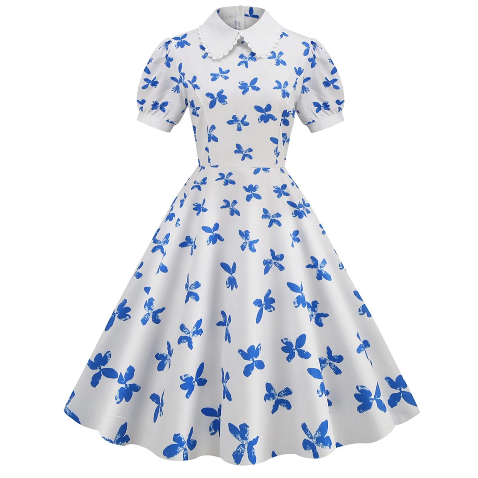 Women'S Dress Floral Printed Short Sleeve Peter Pan Collar Elegant Party Dress Retro Vintage 50s 60s Rockabilly Dresses Vestidos
