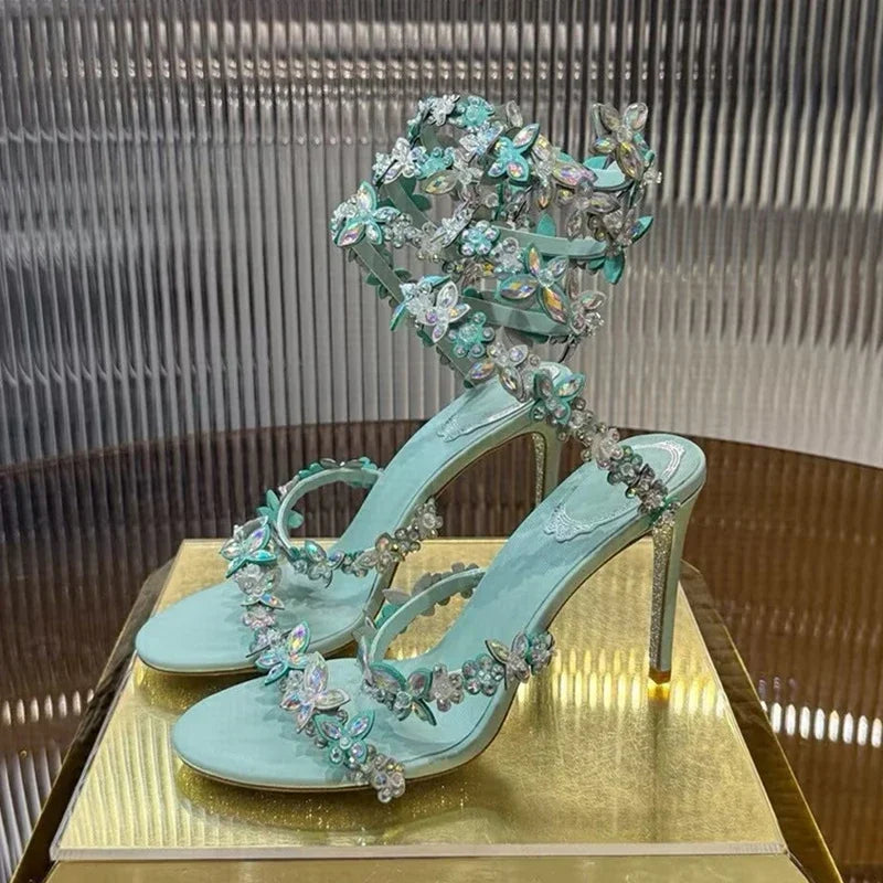 Women Thin High Heels Elastic Strap Gladiator Sandals Bling Rhinestone Flower Decor Sandalias  Summer Bridesmaid Dress Shoes