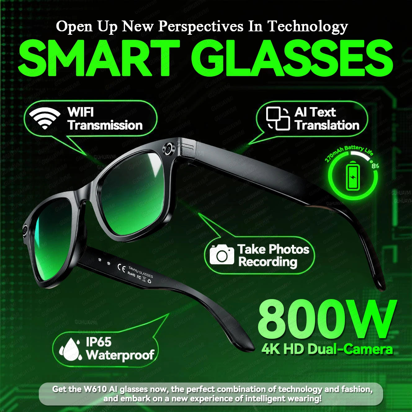 LYNHURD smart glasses for men and women, featuring an 8MP camera, touch control, and waterproof design.