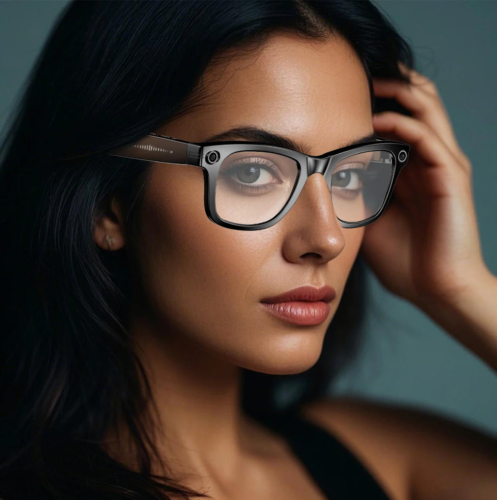 LYNHURD smart glasses with 8MP camera, touch control, and waterproof design, showcasing stylish frame and AI features.