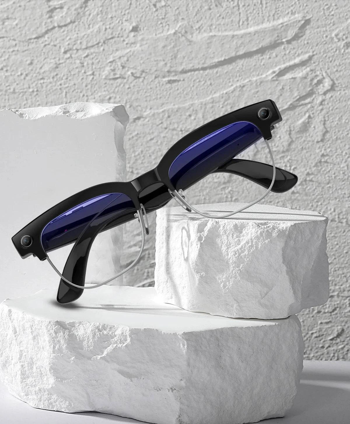 LYNHURD AI Smart Translation Glasses with 8MP camera, dual microphones, and optical image stabilization, displayed at an angle.