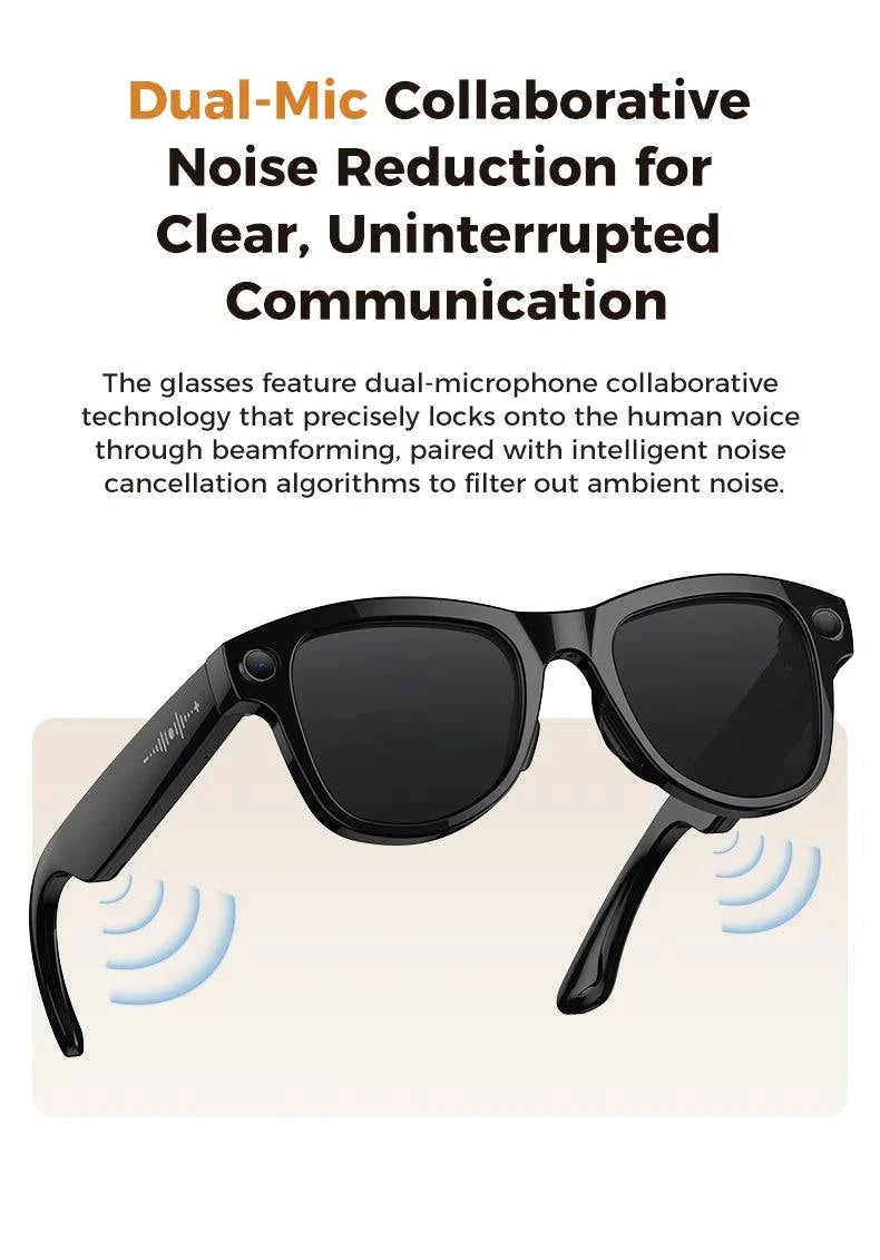 LYNHURD 4K AI Smart Camera Sunglasses with 800W pixels, Bluetooth, WiFi, and HD1080P shooting features.
