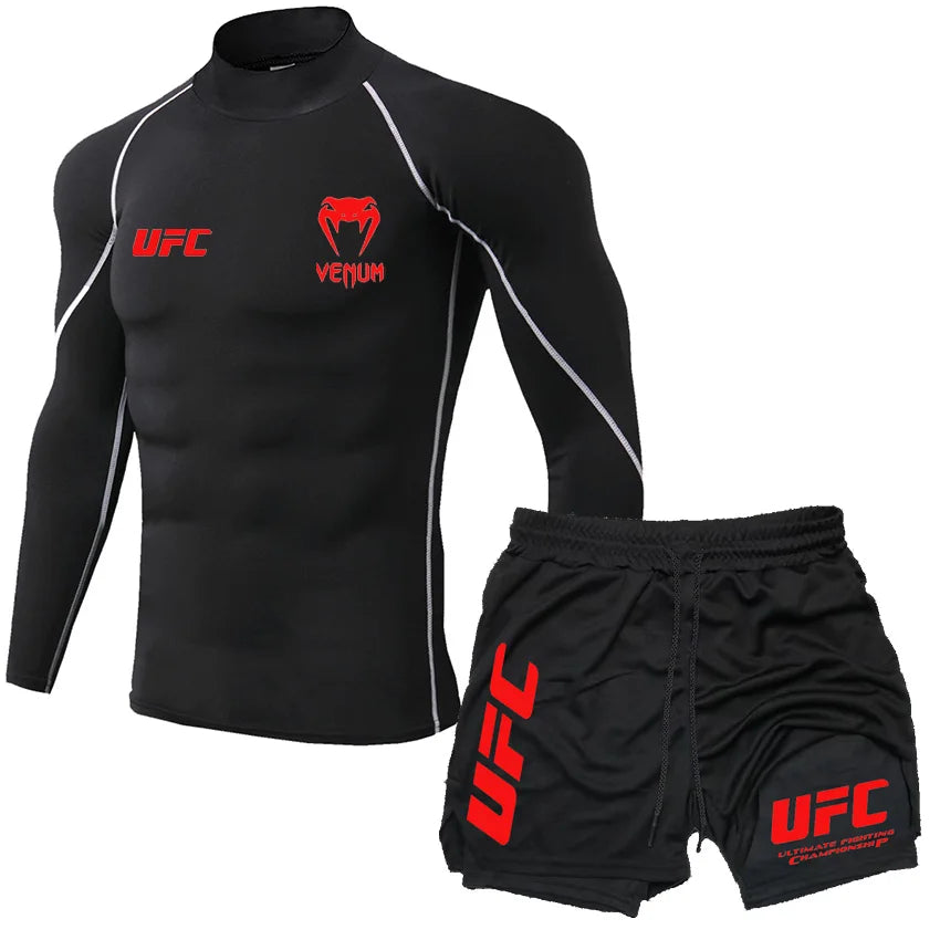 2025 Men's Breathable UFC Long Sleeve+Double Layer Pants Sports Pants Outdoor Running Fitness Training T-shirt Pants