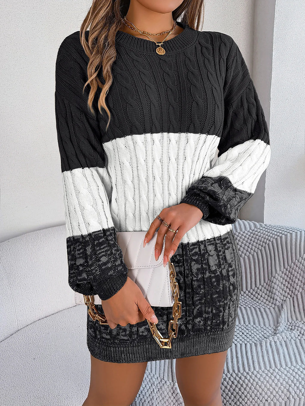 Women's Knitted Sweater Dress New Color Blocked Autumn And Winter Elegant Square Collar Button Long Sleeve Sweater Bag Hip Skirt