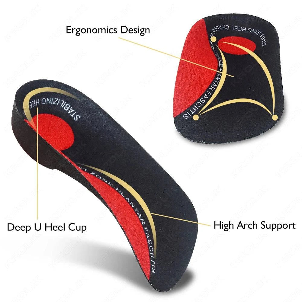 LYNHURD! 3/4 flat feet insole with arch support, designed for orthopedic shoes, ideal for heel pain relief and plantar fasciitis.