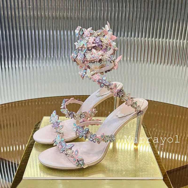 Women Thin High Heels Elastic Strap Gladiator Sandals Bling Rhinestone Flower Decor Sandalias  Summer Bridesmaid Dress Shoes