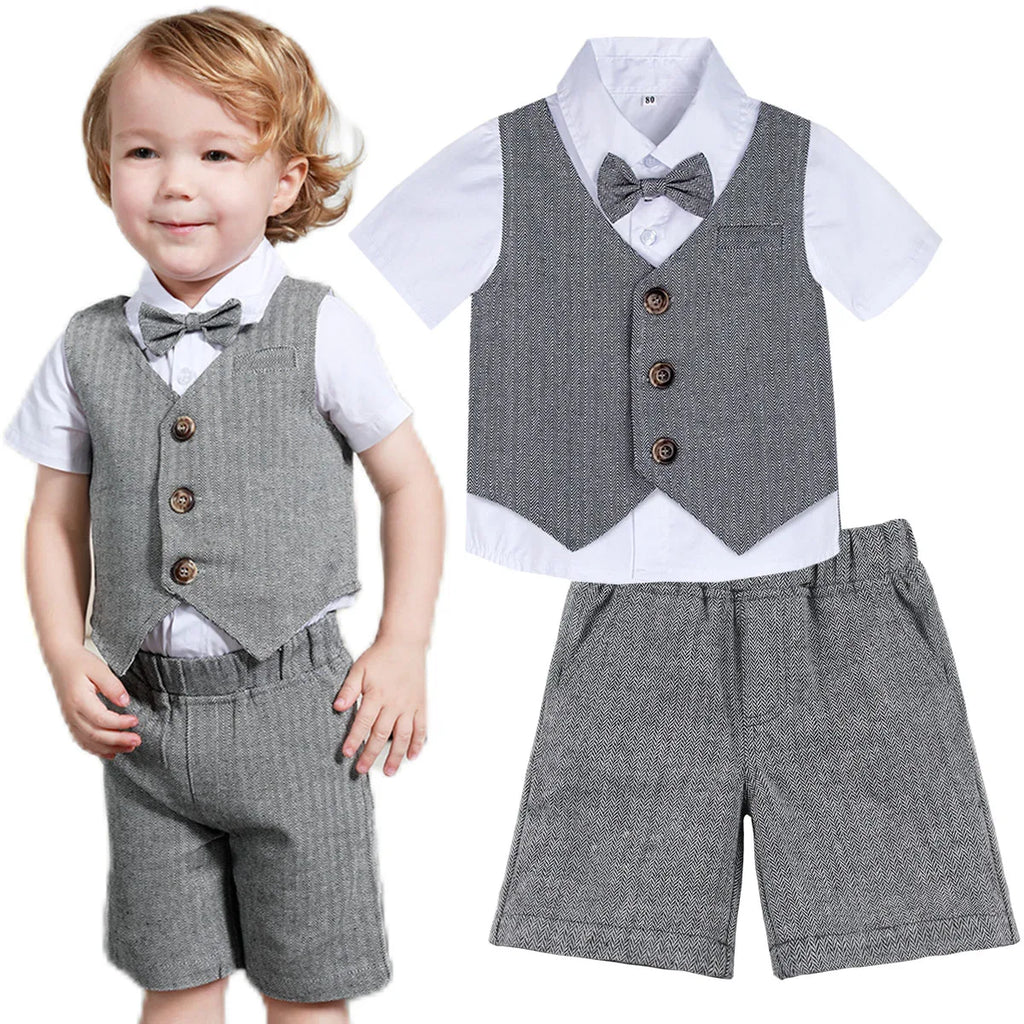 Baby Boy Clothes Toddler Wedding Suit Set Kids Birthday Party Outfit Gemtleman Formal Short Sleeve Cotton Clothing Set 3PCS