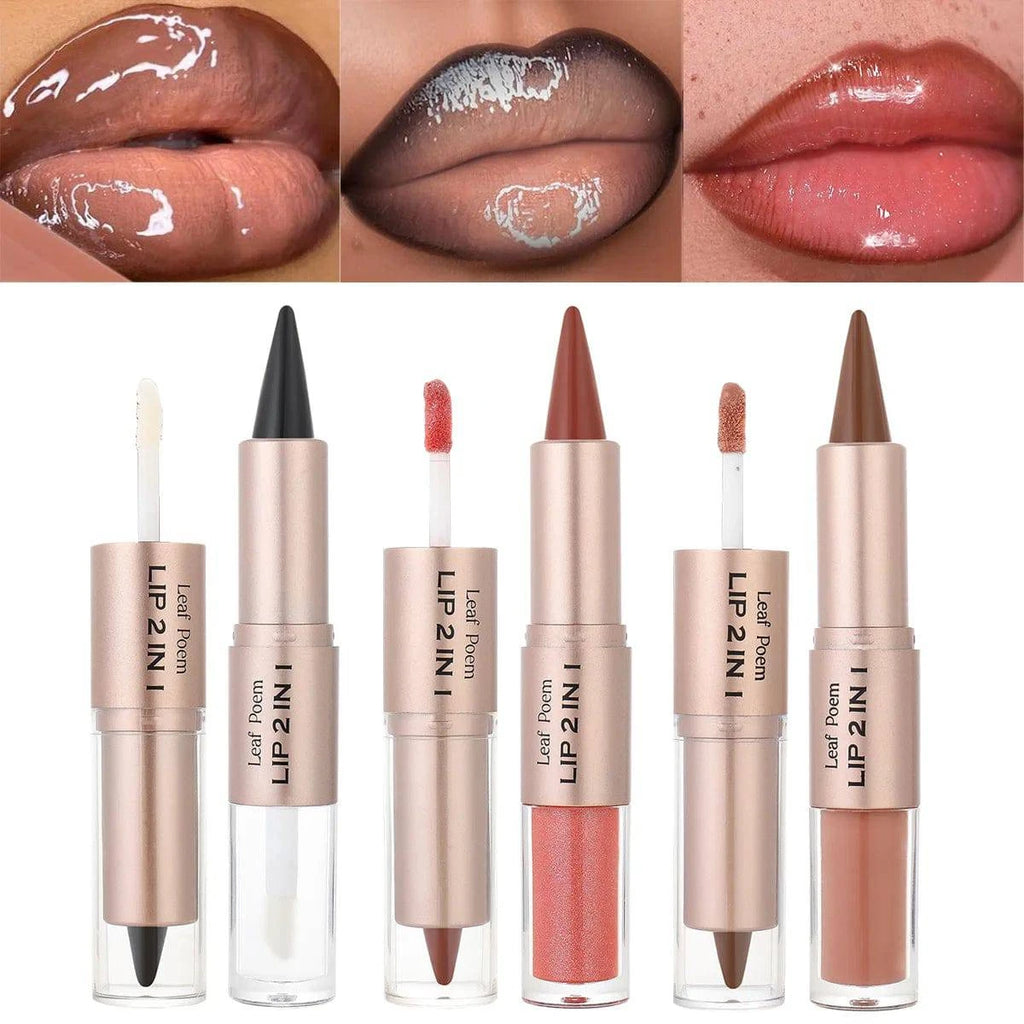 LYNHURD! 2-in-1 tapered gradient lip liner pen in nude brown with matte finish and mirror glass lip gloss.
