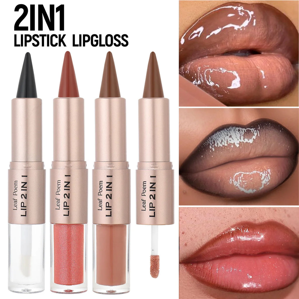 2IN1 Tapered Gradient Lipliner Pen Nude Brown Mirror Glass Lip Gloss Matte Lip Liner Waterproof Lip Contour Non Stick Makeup