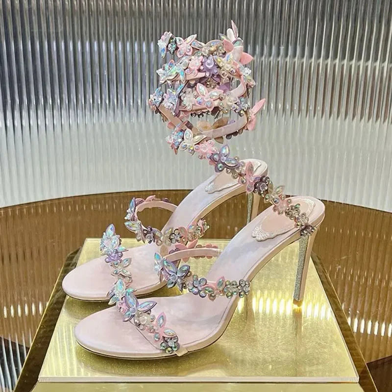 Women Thin High Heels Elastic Strap Gladiator Sandals Bling Rhinestone Flower Decor Sandalias  Summer Bridesmaid Dress Shoes