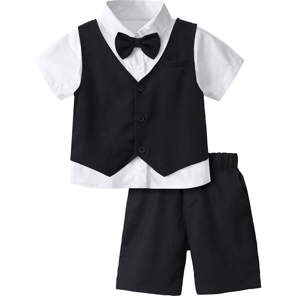 Baby Boy Clothes Toddler Wedding Suit Set Kids Birthday Party Outfit Gemtleman Formal Short Sleeve Cotton Clothing Set 3PCS