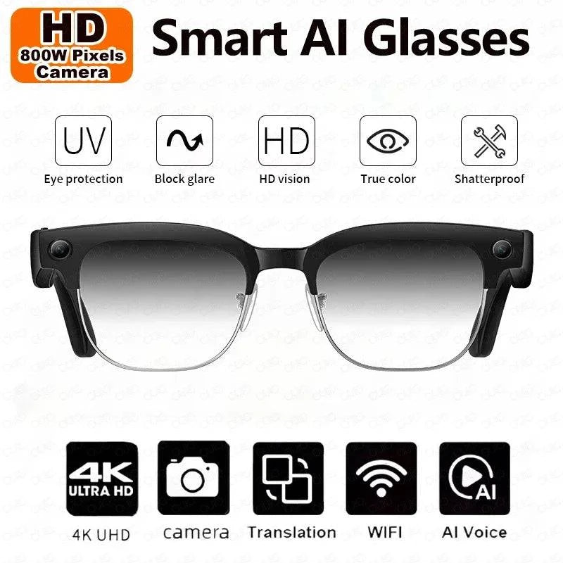 LYNHURD AI Smart Translation Glasses with 8MP camera, optical stabilization, and dual microphones for noise reduction.
