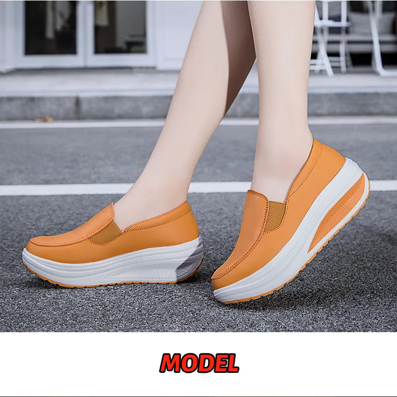 2026 Women's Shoes Spring Genuine Leather Soft Outsole Work Shoes Female Black Swing Woman Plus Size Wedges Single