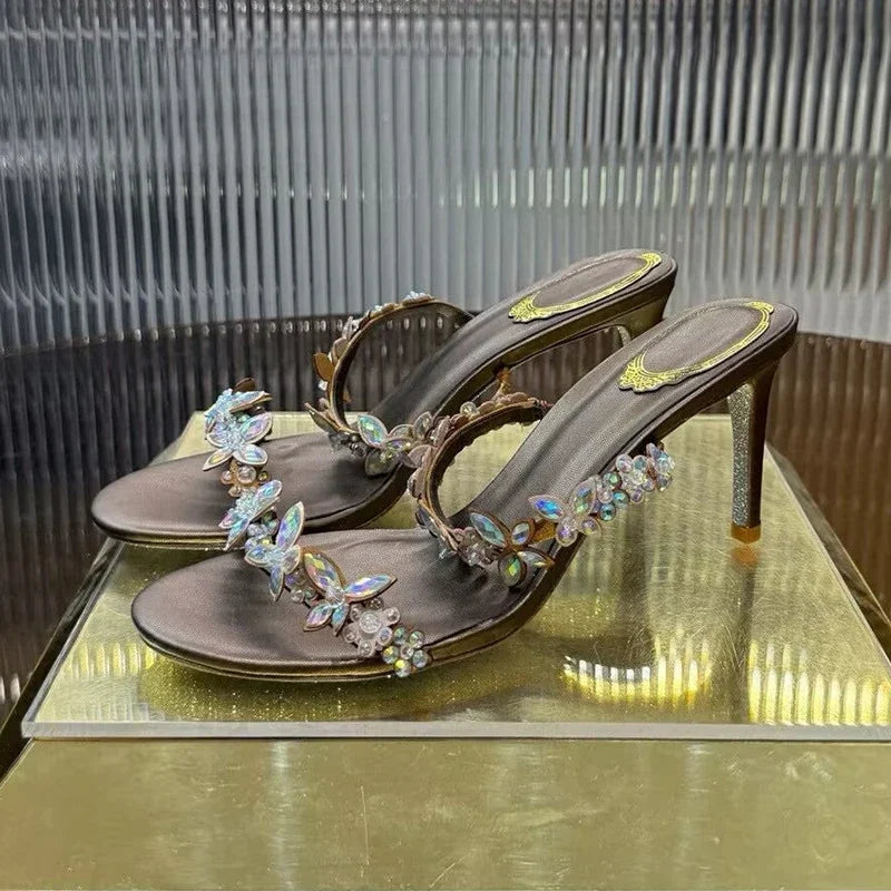 Women Thin High Heels Elastic Strap Gladiator Sandals Bling Rhinestone Flower Decor Sandalias  Summer Bridesmaid Dress Shoes