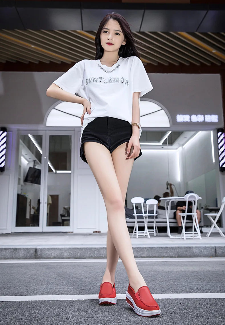 2026 Women's Shoes Spring Genuine Leather Soft Outsole Work Shoes Female Black Swing Woman Plus Size Wedges Single