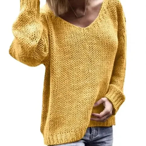 2025 New Casual Women Loose Solid Color Knitted Sweater V Neck Long Sleeve Top Women's Clothing Свитера Женские  Pull Femme