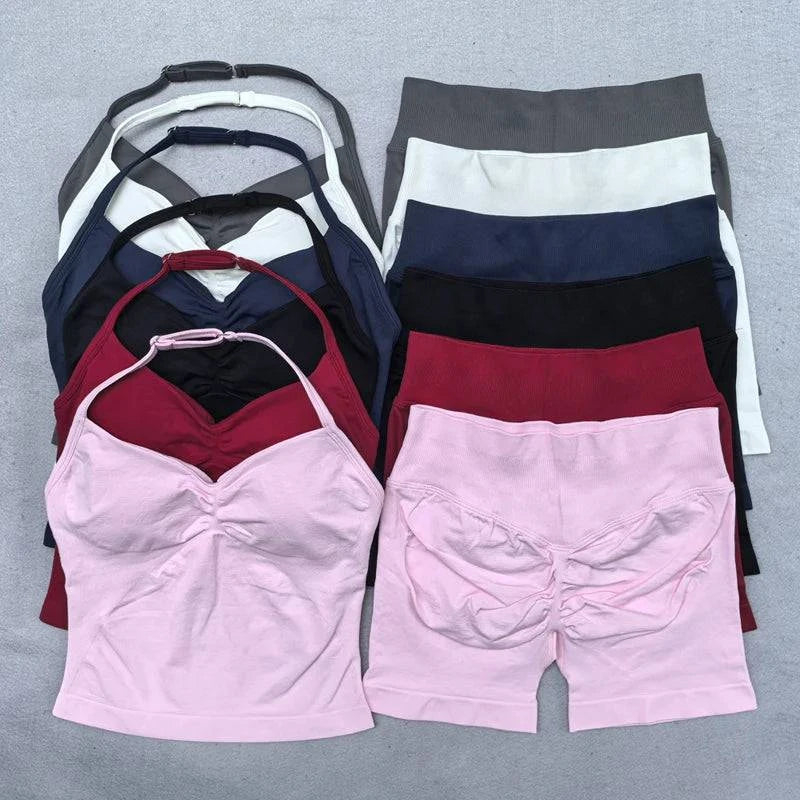 LYNHURD! women's backless halter yoga set with seamless high waist shorts, perfect for gym workouts and fitness activities.
