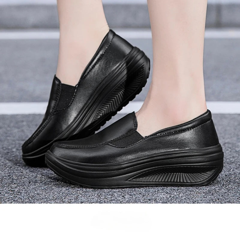 2026 Women's Shoes Spring Genuine Leather Soft Outsole Work Shoes Female Black Swing Woman Plus Size Wedges Single