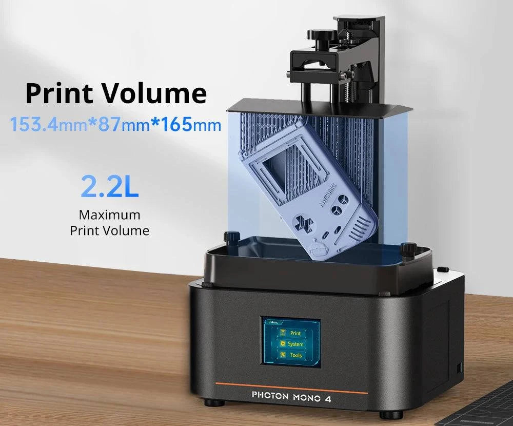 ANYCUBIC Photon Mono 4 3D printer with 7'' 10K screen and 2.2L build volume, showcasing its sleek design and LCD display.