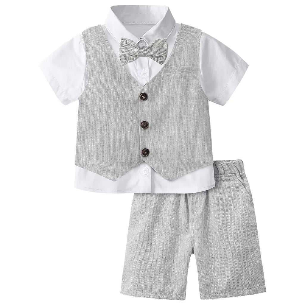 Baby Boy Clothes Toddler Wedding Suit Set Kids Birthday Party Outfit Gemtleman Formal Short Sleeve Cotton Clothing Set 3PCS