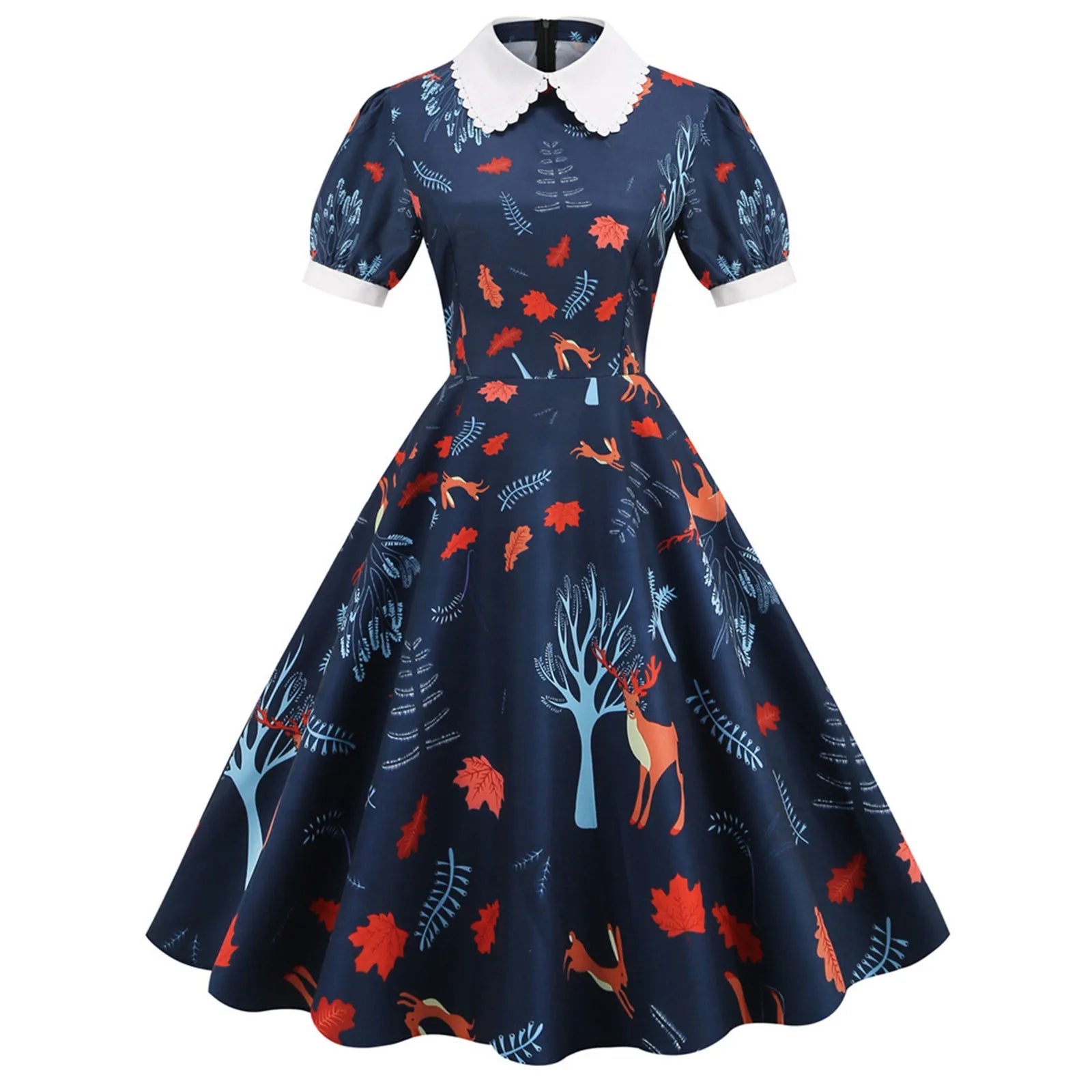 Women'S Dress Floral Printed Short Sleeve Peter Pan Collar Elegant Party Dress Retro Vintage 50s 60s Rockabilly Dresses Vestidos