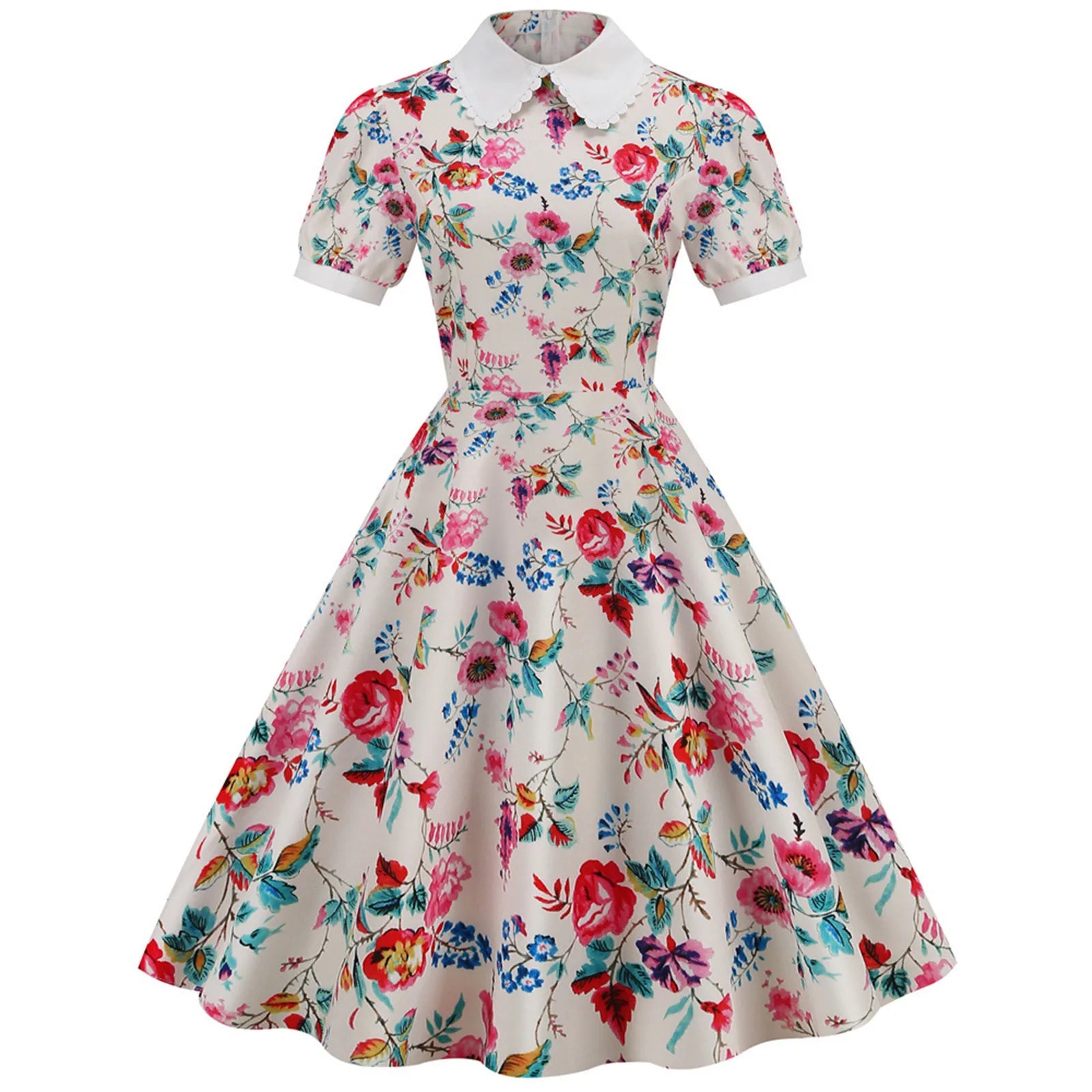 Women'S Dress Floral Printed Short Sleeve Peter Pan Collar Elegant Party Dress Retro Vintage 50s 60s Rockabilly Dresses Vestidos