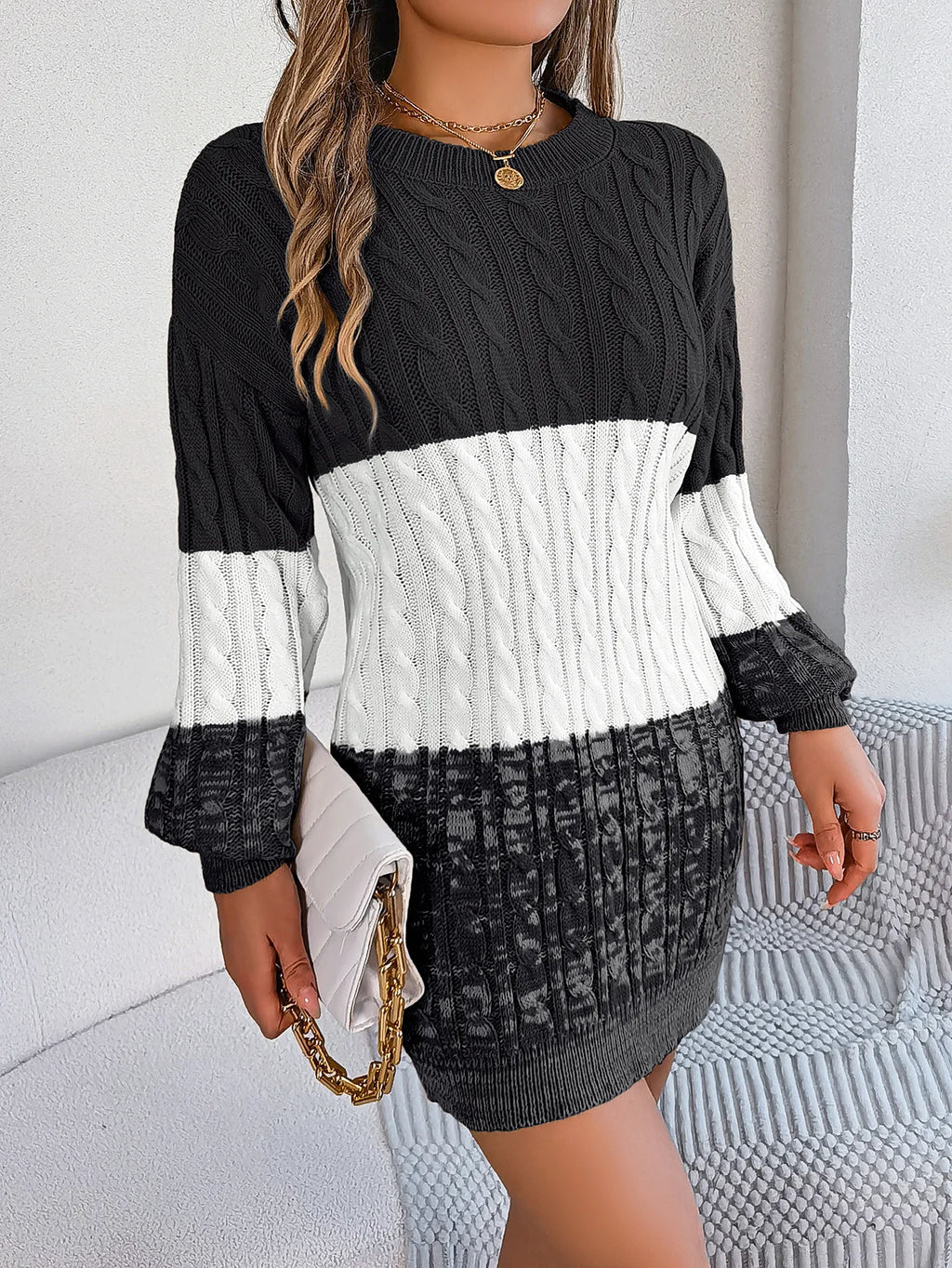 Women's Knitted Sweater Dress New Color Blocked Autumn And Winter Elegant Square Collar Button Long Sleeve Sweater Bag Hip Skirt