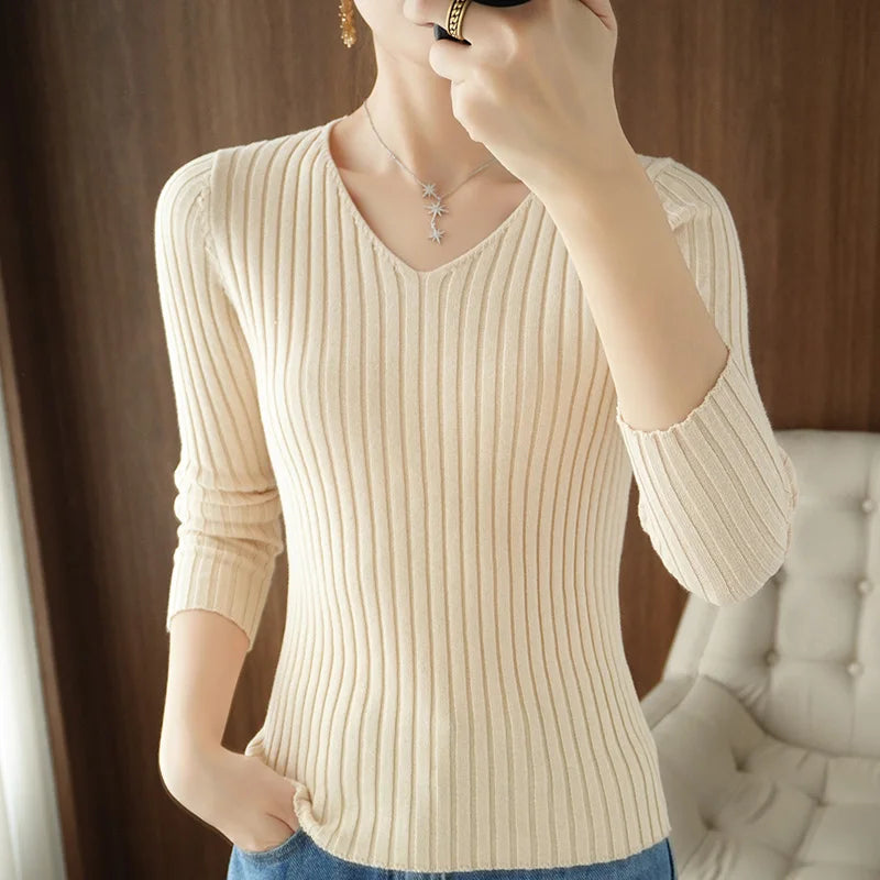 Autumn New Sle Women's Long Sve Knitted Sweater Pure Cotton V-Ne Pullover Slim Fit ort Base Layer Top Casual Sle