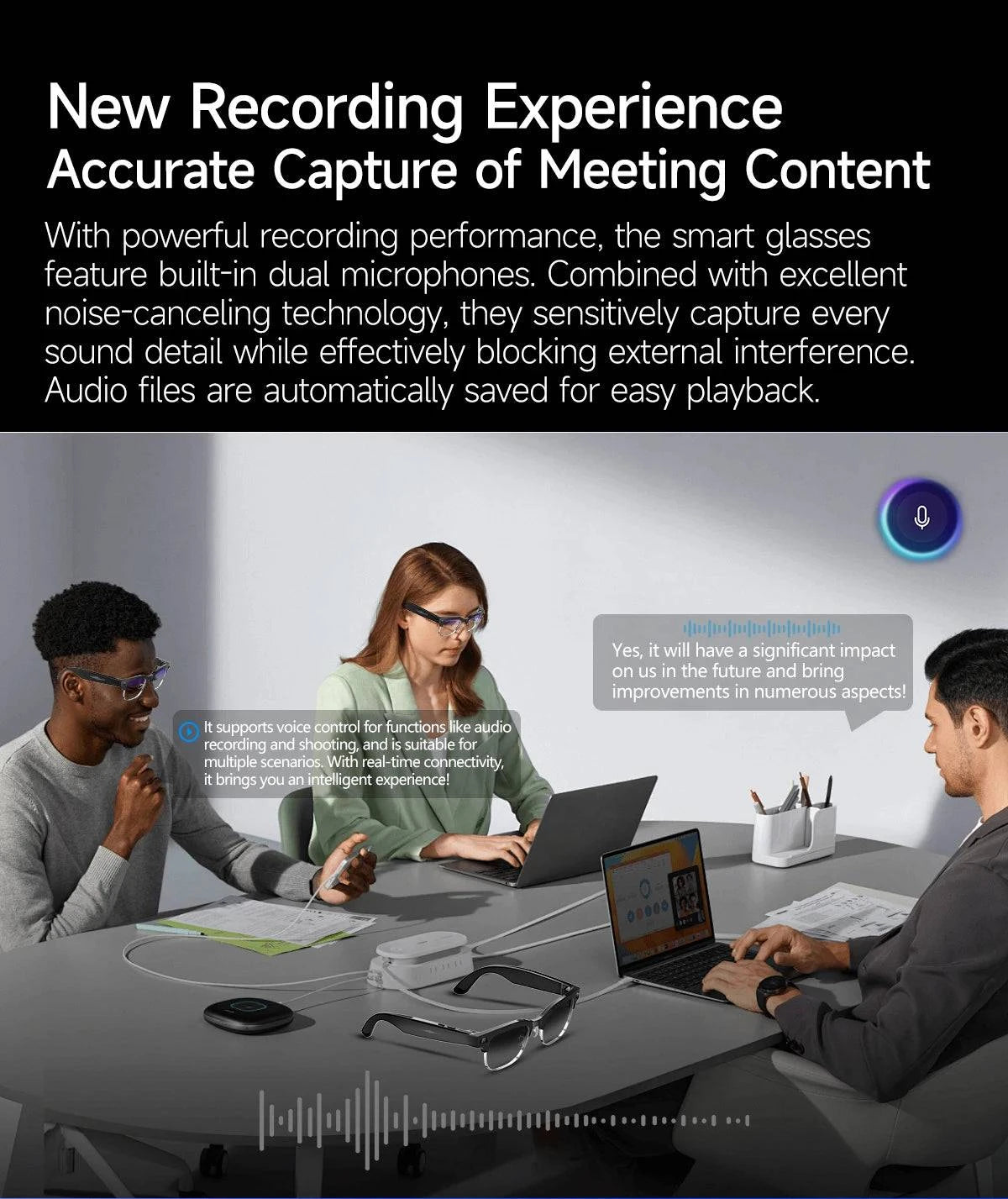 LYNHURD smart translation glasses with 8 million HD camera, optical stabilization, and dual microphones for noise reduction.