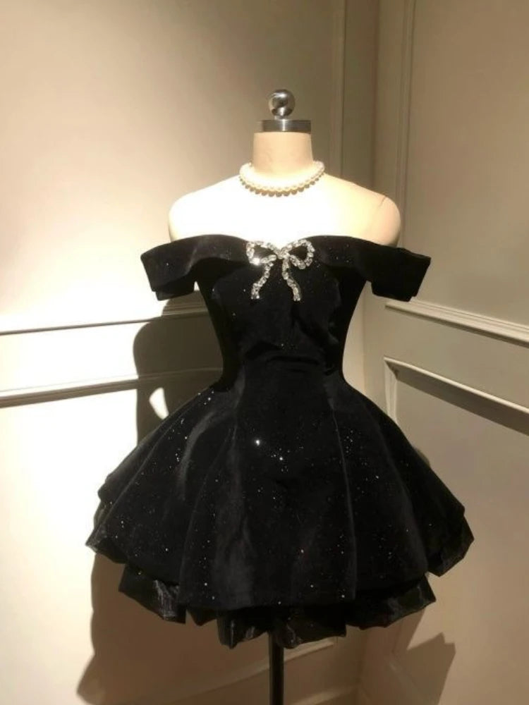 2025 Autumn Vintage Elegant Y2K Velvet Off Shoulder Dress Bow Bodycon Mini A-line Women Evening Party Subculture Lolita Formal