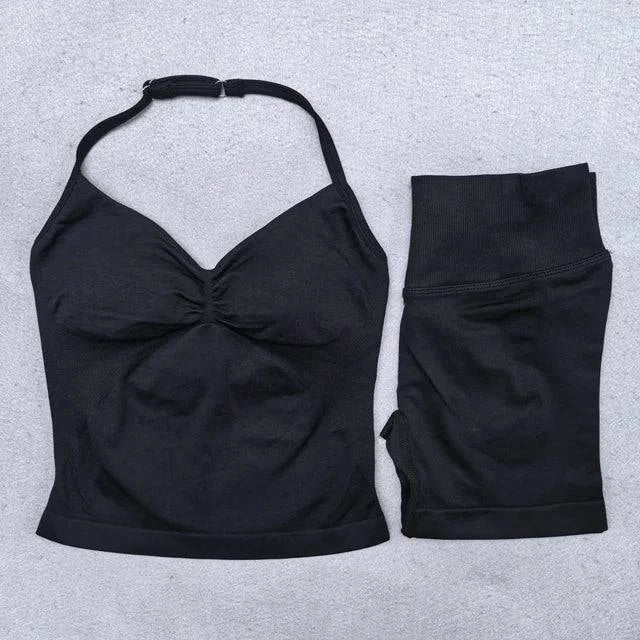 LYNHURD! women's yoga set featuring backless halter top and high waist seamless shorts in a fitness workout outfit.