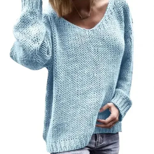 2025 New Casual Women Loose Solid Color Knitted Sweater V Neck Long Sleeve Top Women's Clothing Свитера Женские  Pull Femme