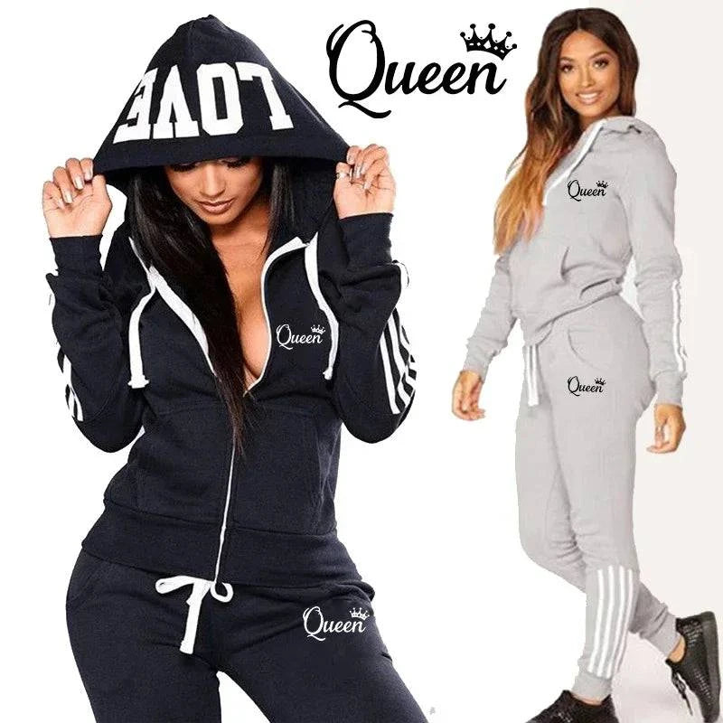 Autumn winter women's tracksuit set by LYNHURD, featuring a printed hooded sweatshirt and matching jogger pants.