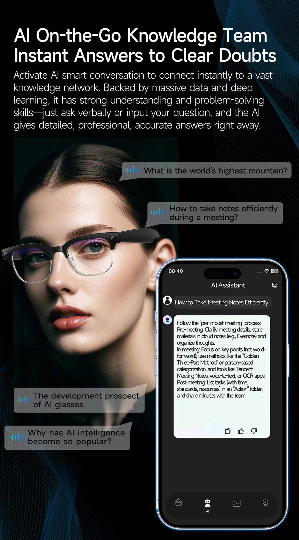 LYNHURD AI Smart Translation Glasses with 8MP camera, optical stabilization, and dual microphones in sleek design.