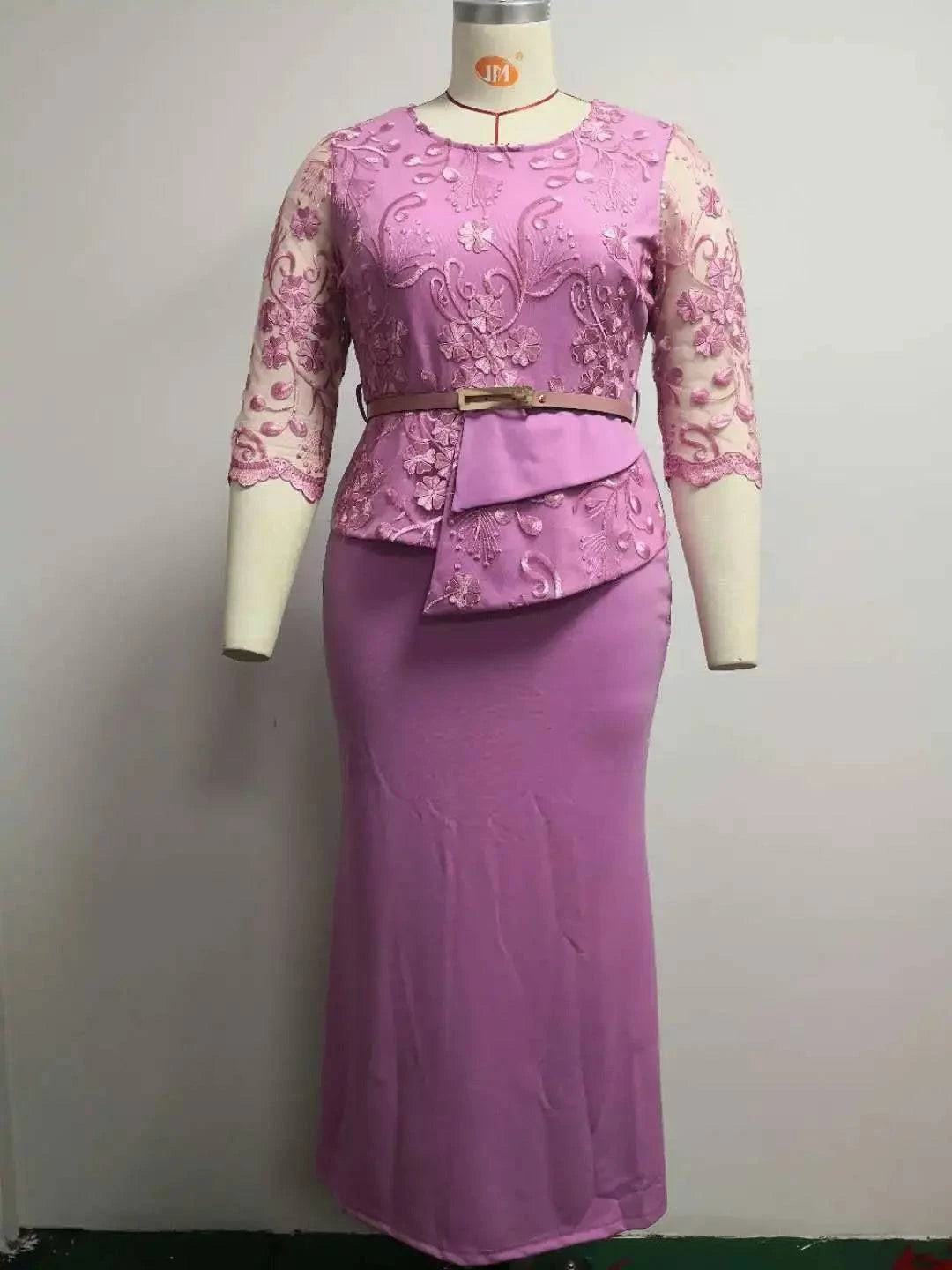 Plus size Christmas dress for women, 4XL 5XL, O-neck, 3/4 sleeves, long maxi style with lace patchwork by LYNHURD.