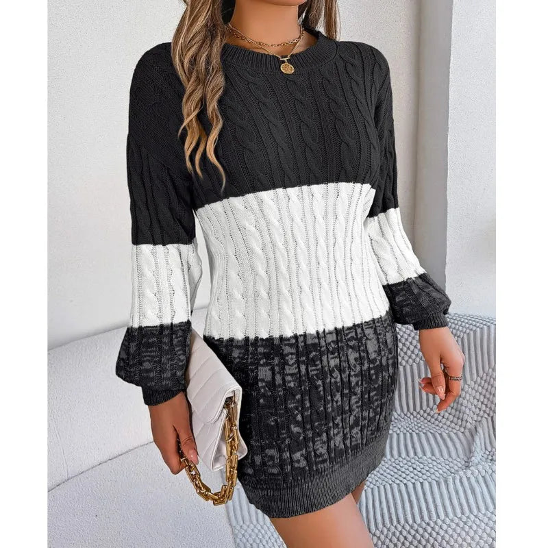 Women's Knitted Sweater Dress New Color Blocked Autumn And Winter Elegant Square Collar Button Long Sleeve Sweater Bag Hip Skirt