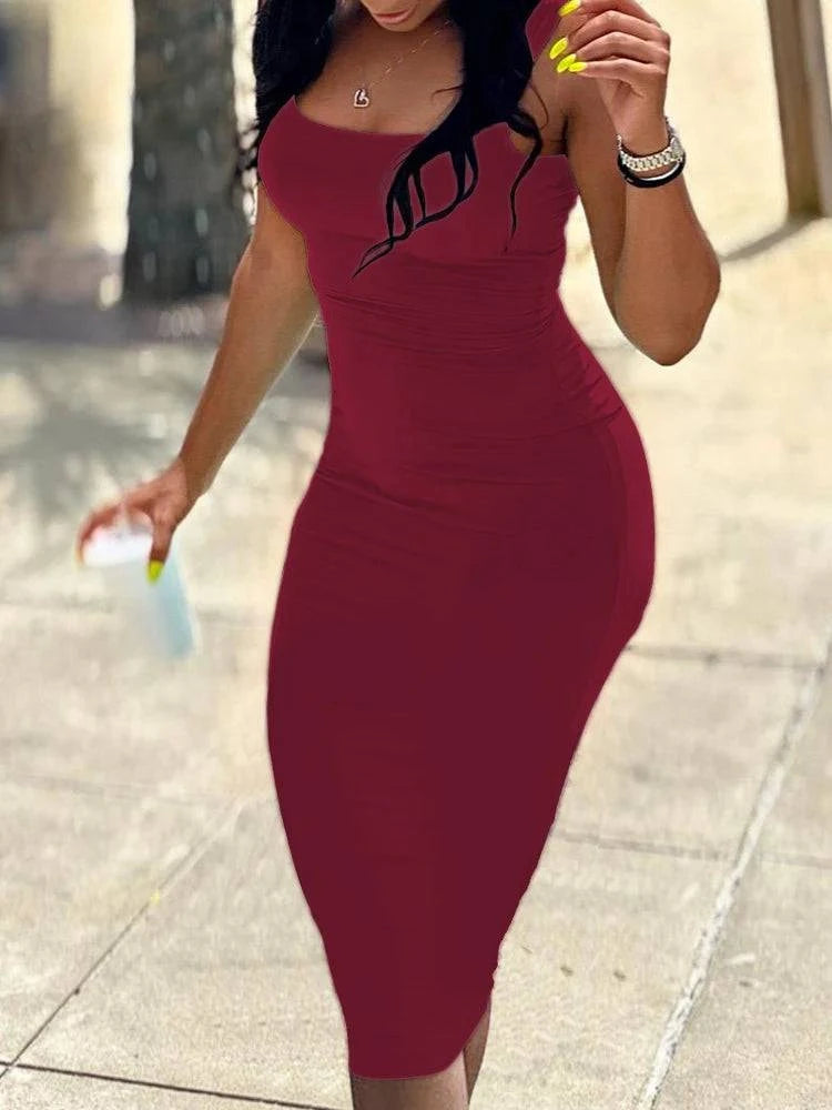 Plus size women's sleeveless midi dress in summer style by LYNHURD, featuring a sexy tank top design.